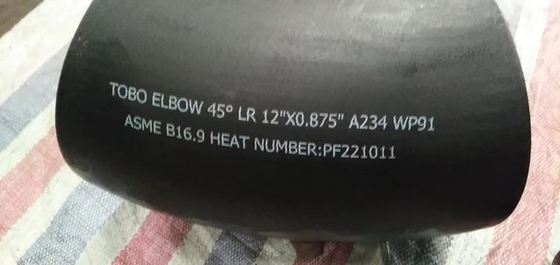 ข้อต่อท่อเหล็กโลหะผสม 45 ข้อศอก A234 เกรด WP91 12 "X0.875" ข้อศอกเชื่อมก้น